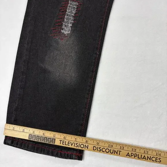 Mens Black Distressed Jeans Size 38 Slim Fit Red Stitch Grunge Streetwear NWT Y